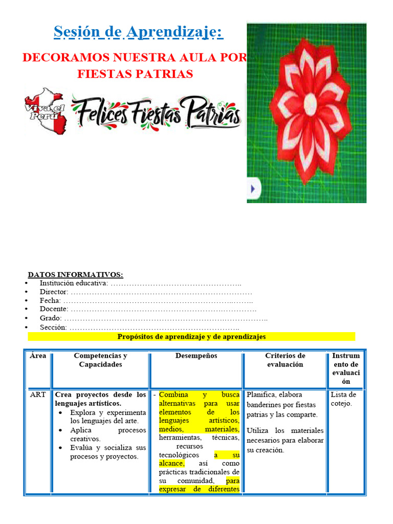 4° Sesión Día 5 Art Decoramos Nuestra Aula Por Fiestas Patrias | PDF |  Evaluación | Cognición, image size:768x1024