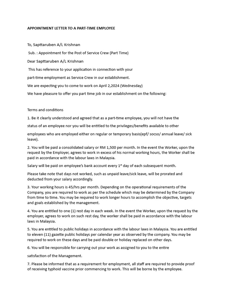 Part-Time Service Crew Offer | PDF | Employment | Salary