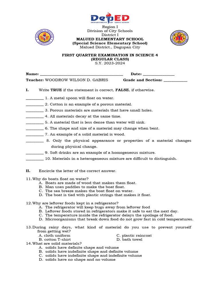 Science 4 First Quarter Exam 2023-2024 | PDF | Mixture | Waste