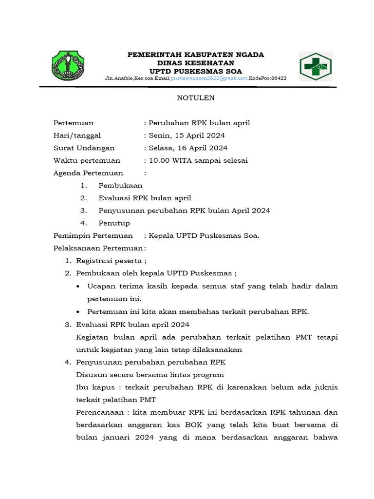 Notulen Pertemuan Perubahan RPK April 2024 | PDF