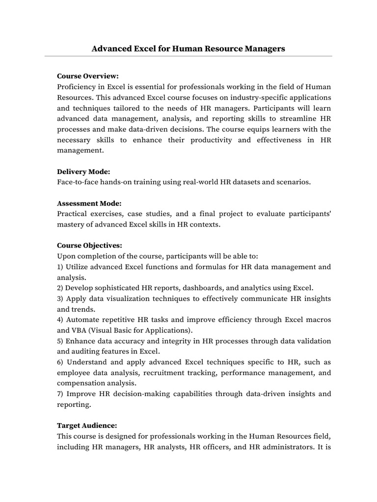 Advanced Excel Skills for HR Managers | PDF | Microsoft Excel | Data ...