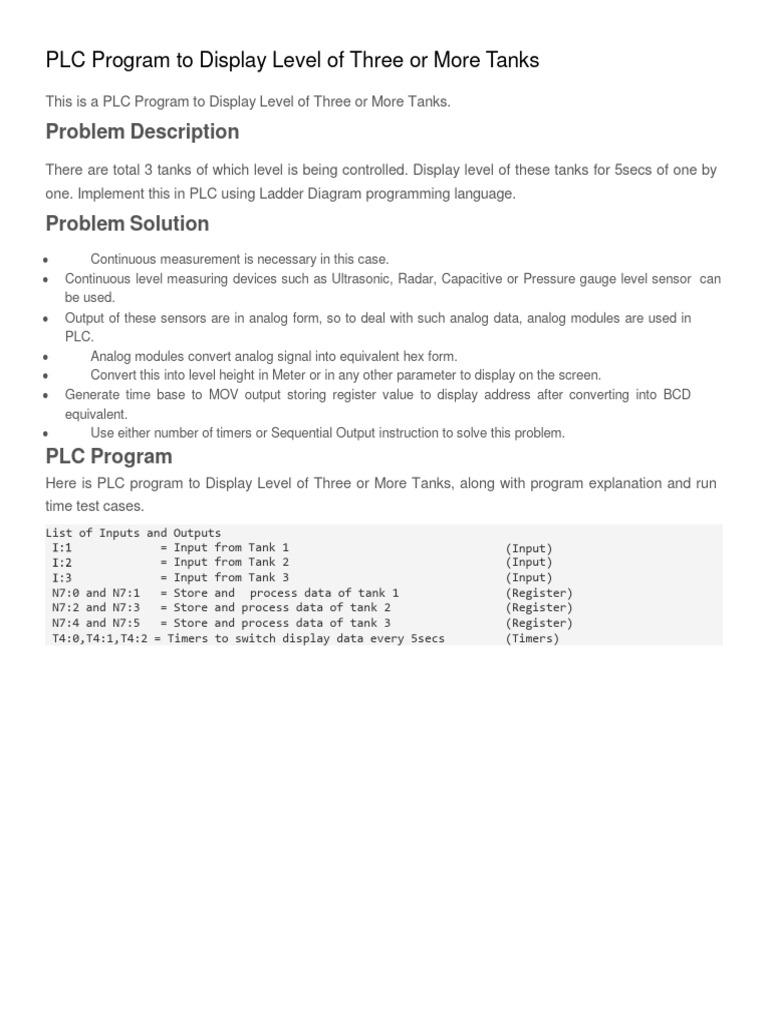 Plc program to display level of three or more tanks pdf