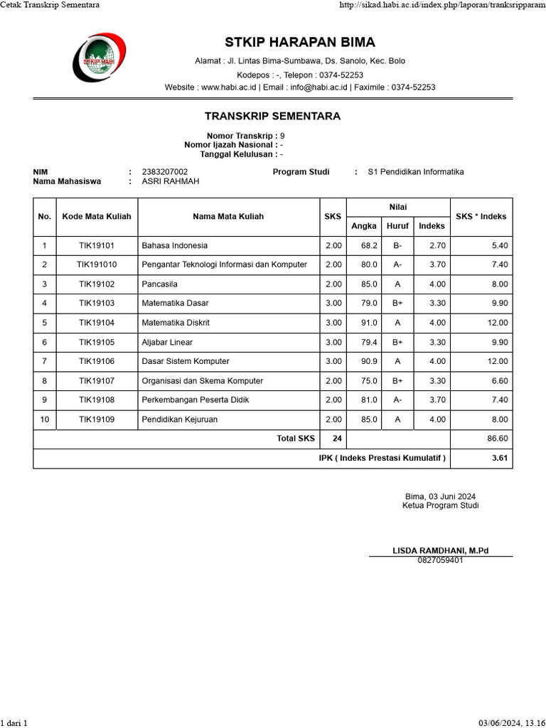 Cetak Transkrip Sementara Asri Rahmah Pdf