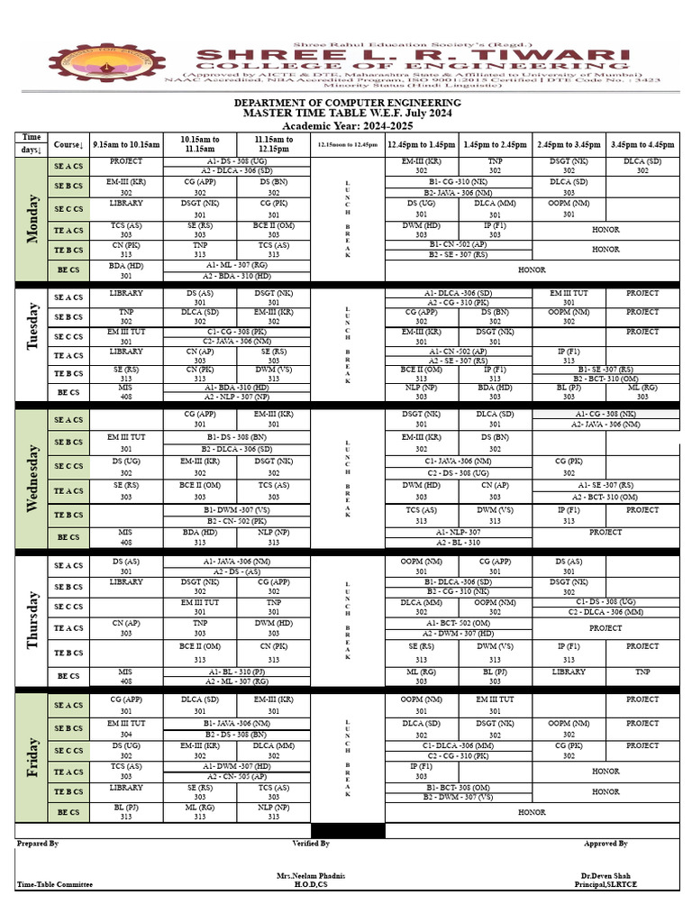 Computer Engineering Time Table 2024-25 | PDF