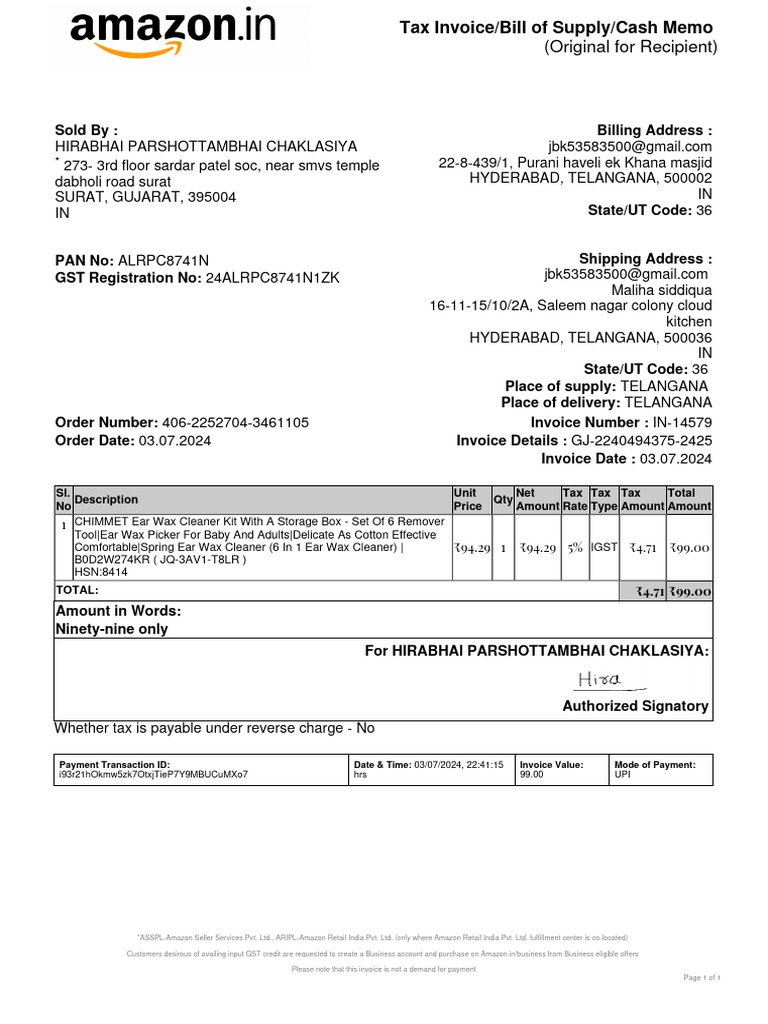 Tax Invoice for Amazon Order 406-2252704 | PDF | Invoice | Government ...