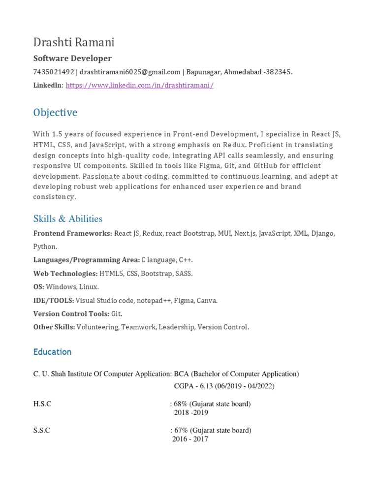 Frontend Developer Resume: Drashti Ramani | PDF | Bootstrap (Front End ...