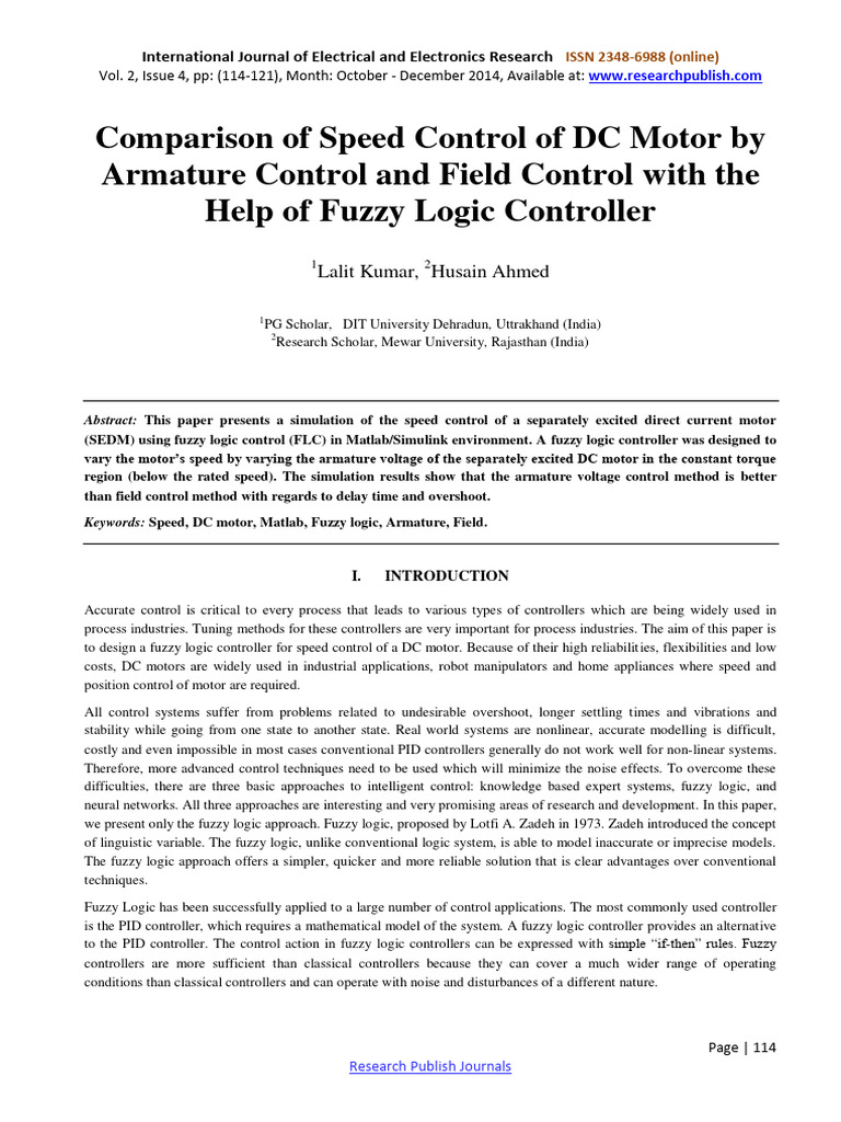 DC Motor Speed Control Using Fuzzy Logic | PDF | Fuzzy Logic | Electric ...