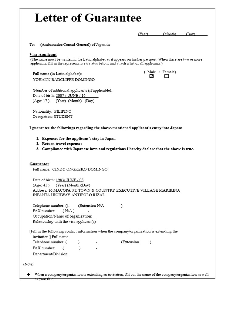 Visa Guarantee Letter for Japan | PDF