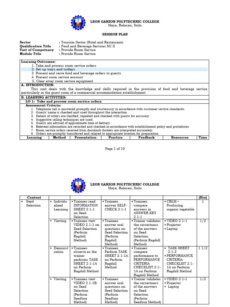 Room Service Training Plan NC II | PDF | Agriculture | Pesticide