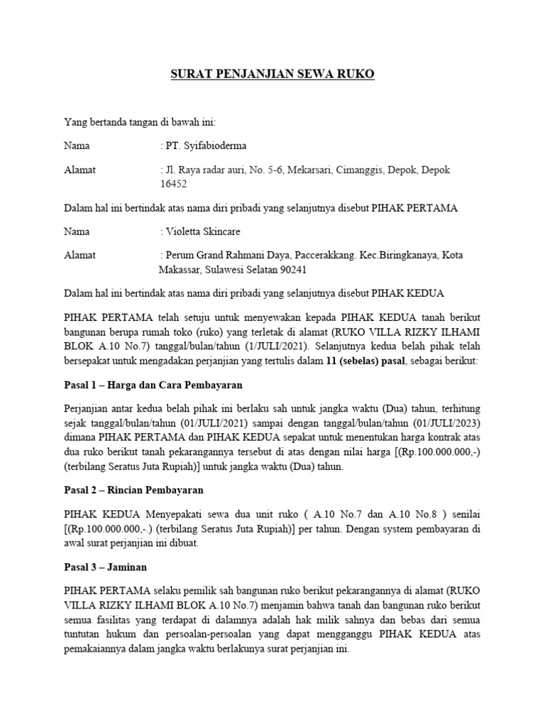 Surat Perjanjian Sewa Ruko 2021-2023 | PDF | Pengelolaan Keuangan ...