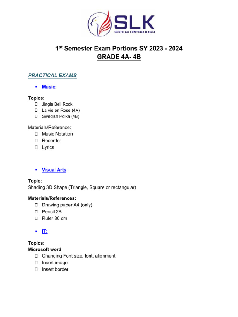 Grade 4A-4B - Exam Portions For 1st Semester SY 2023 - 2024 | PDF ...