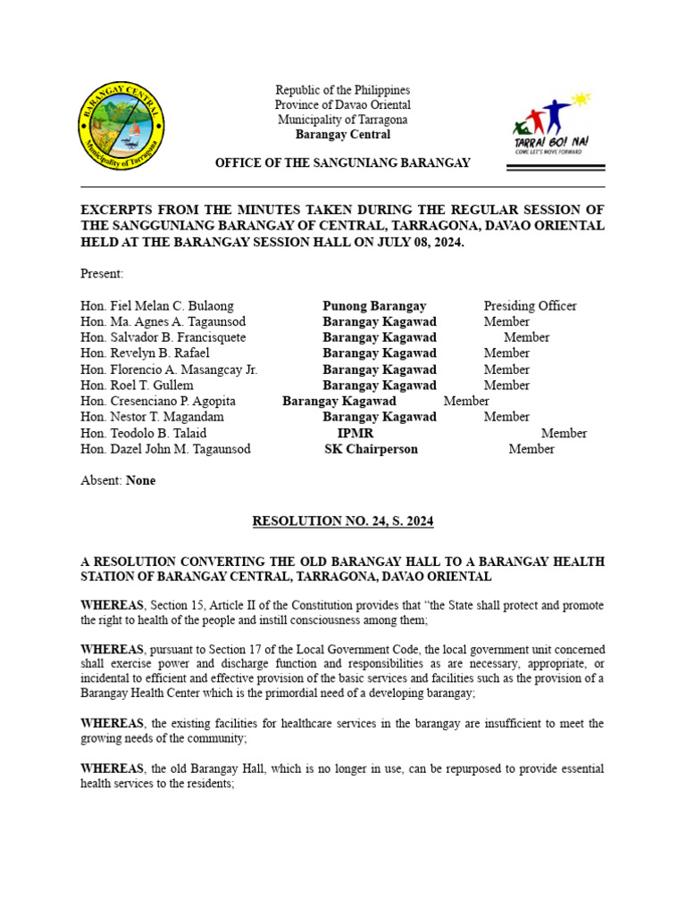 Barangay Central Health Station Resolution | PDF | Legal Documents ...