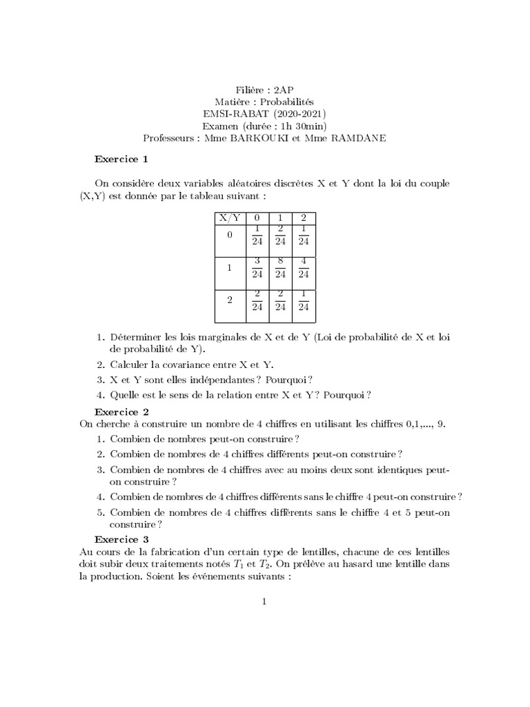 Examen de Probabilités 2AP EMSI-Rabat | PDF | Probabilité | Mathématiques