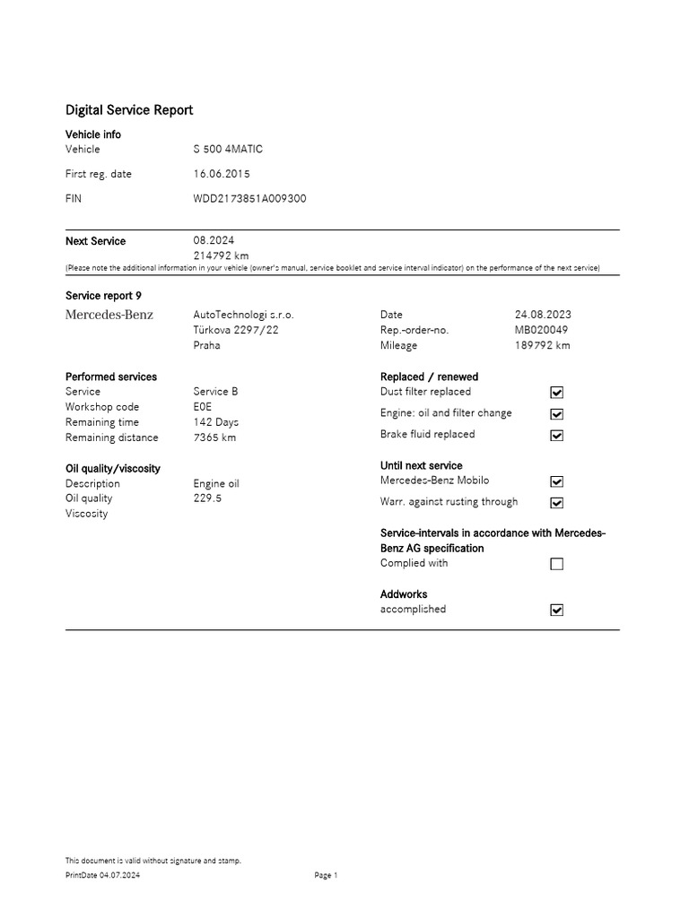 Mercedes Benz Service Report PDF Mercedes Benz Motor Oil