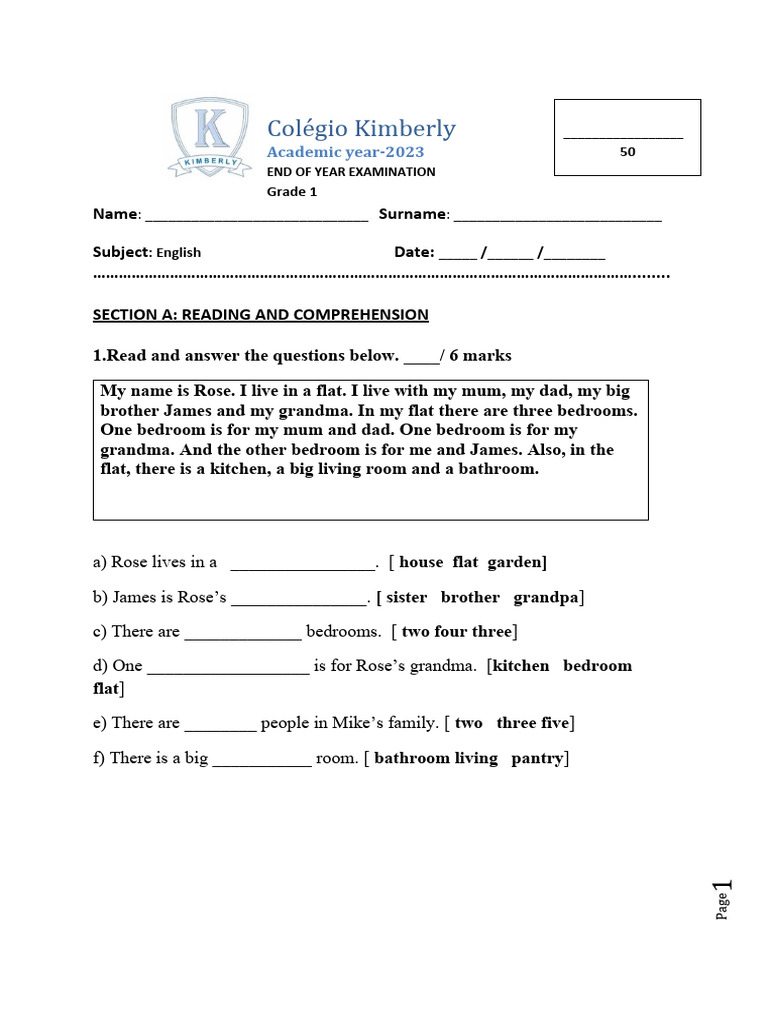 Grade 1 English Final Exam 2023 | PDF | Language Mechanics | Syntax