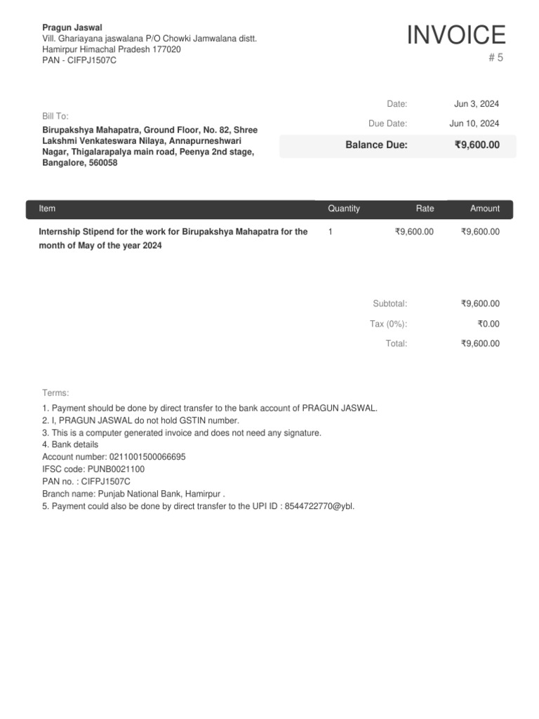 Internship Stipend Invoice #5 | PDF