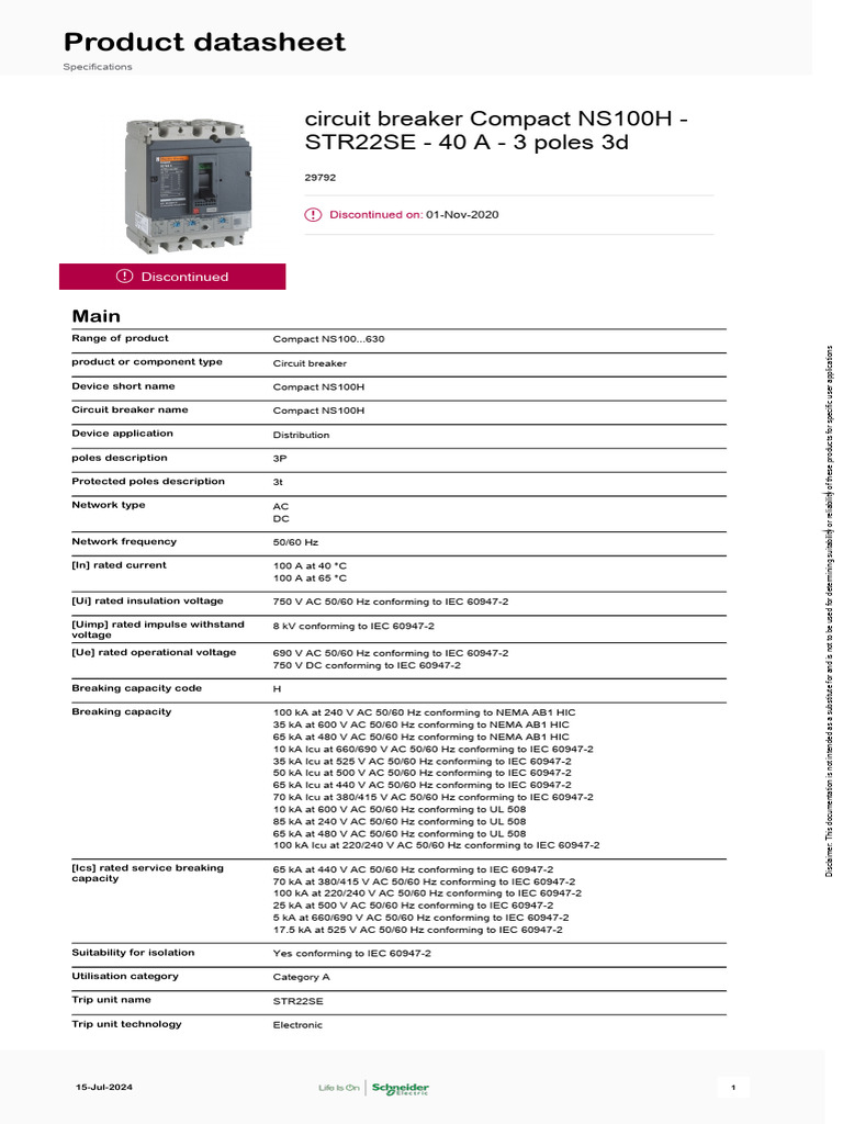 Compact NS100H Circuit Breaker Specs | PDF | Alternating Current ...