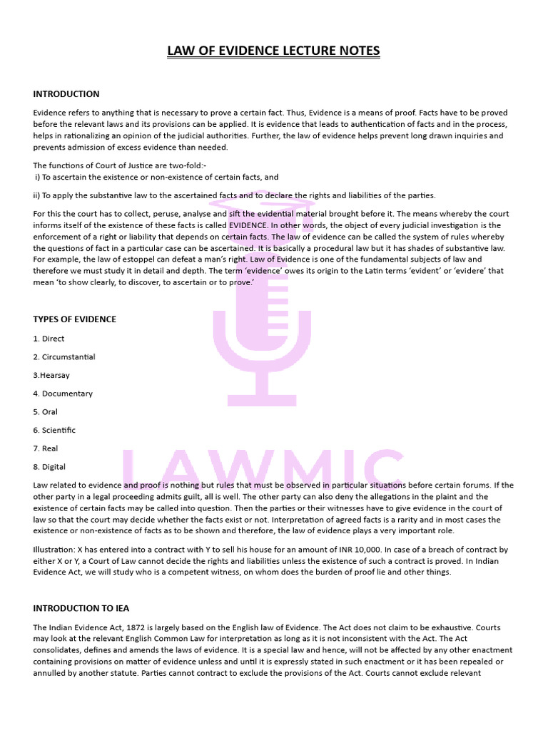 Law of Evidence Lecture Notes by Lawmic | PDF | Evidence (Law) | Evidence