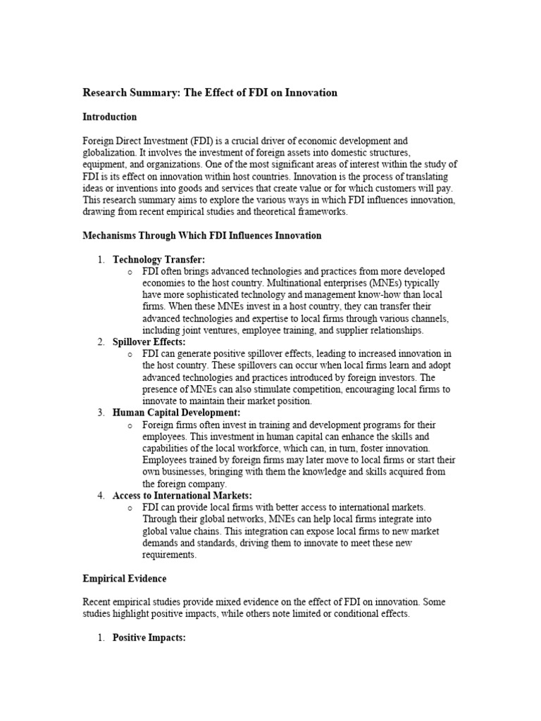 Research Summary. The Effect of FDI On Innovation | PDF | Foreign ...