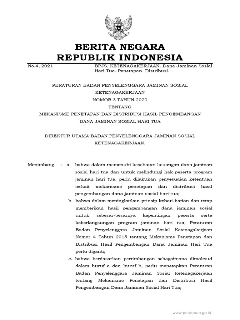 Peraturan bpjs ketenagakerjaan nomor 3 tahun 2020 tentang mekanisme