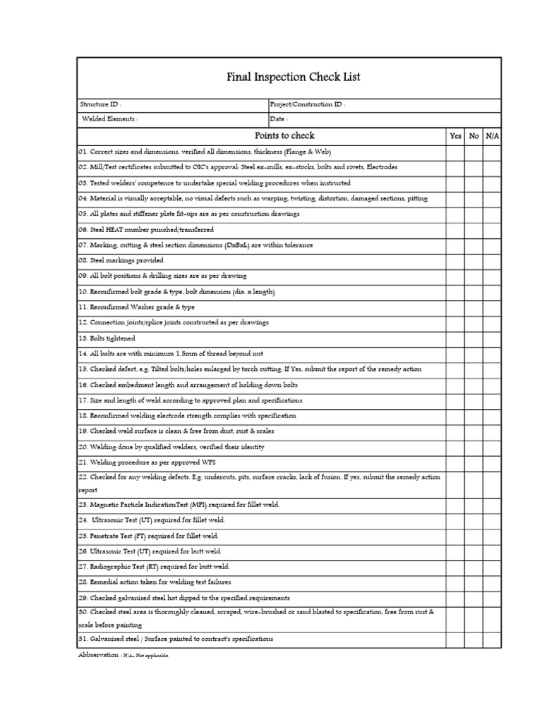 Final Inspection Checklist for Construction | PDF | Welding | Construction