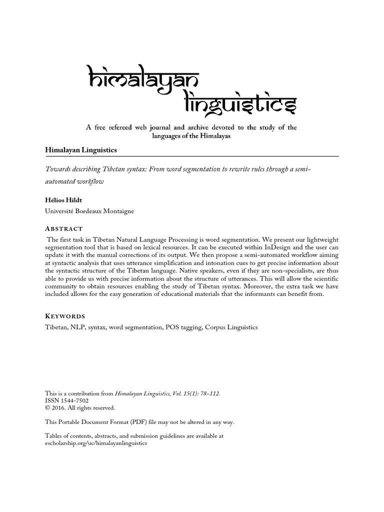 Towards Describing Tibetan Syntax | PDF | Syntax | Part Of Speech