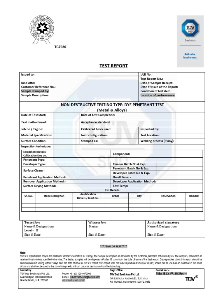 Non-Destructive Dye Penetrant Test Report | PDF | Mechanical ...