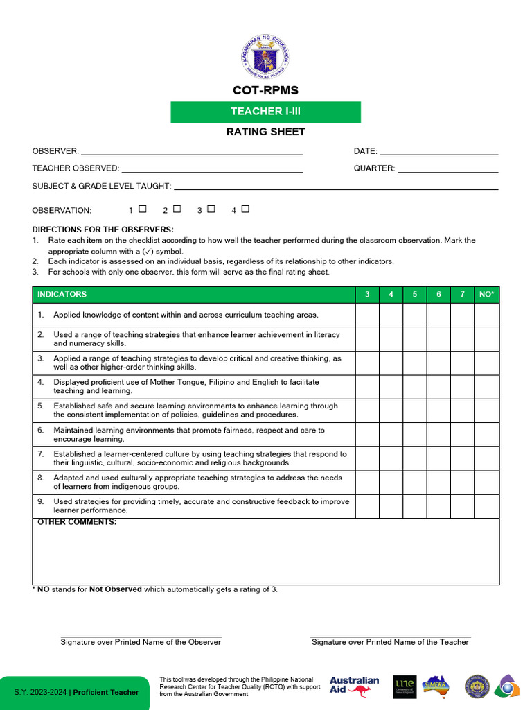 Appendix C 03 COT RPMS Rating Sheet For T I III For SY 2023 2024 | PDF ...