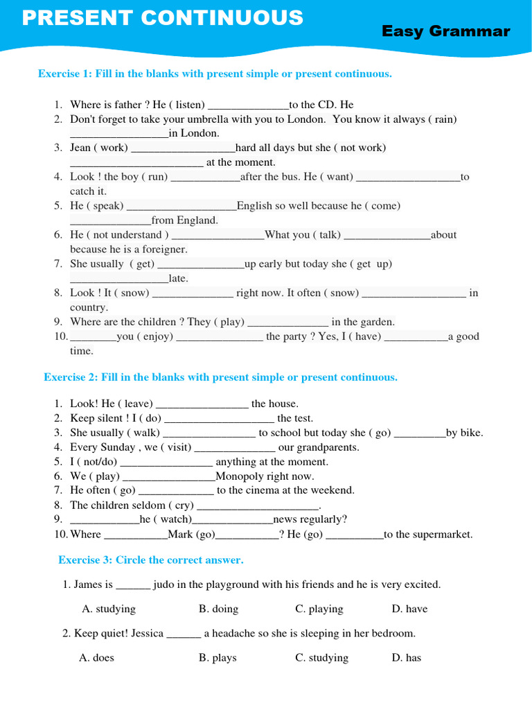 Present Simple vs. Continuous Worksheet | PDF