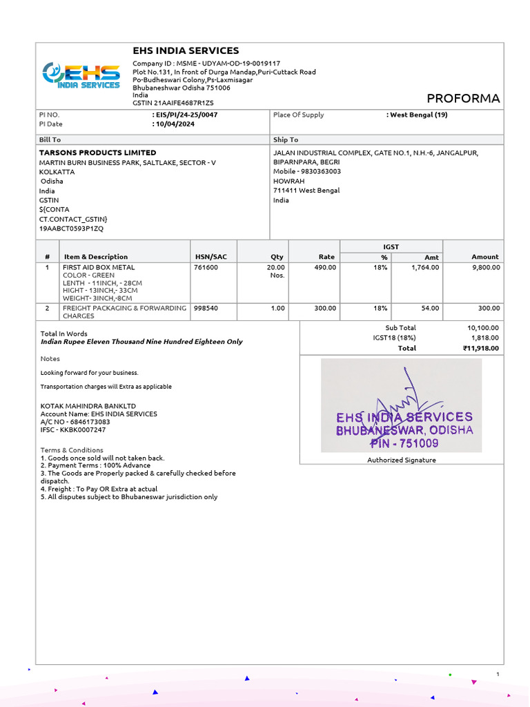 Proforma Invoice for First Aid Boxes | PDF | Economy Of India