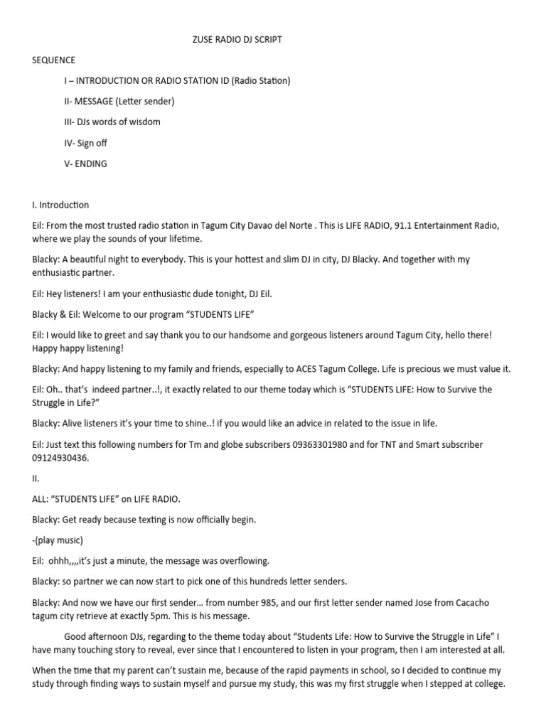Life Radio DJ Script: Student Struggles | PDF