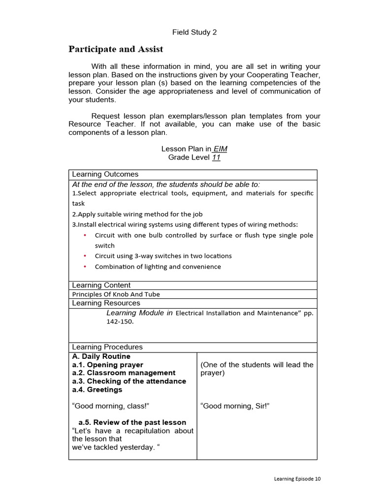 Lesson Plan for Electrical Installation | PDF | Lesson Plan | Learning