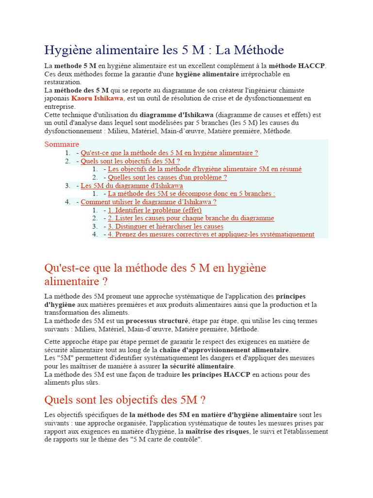Méthode des 5 M en Hygiène Alimentaire | PDF | Analyse des dangers et ...