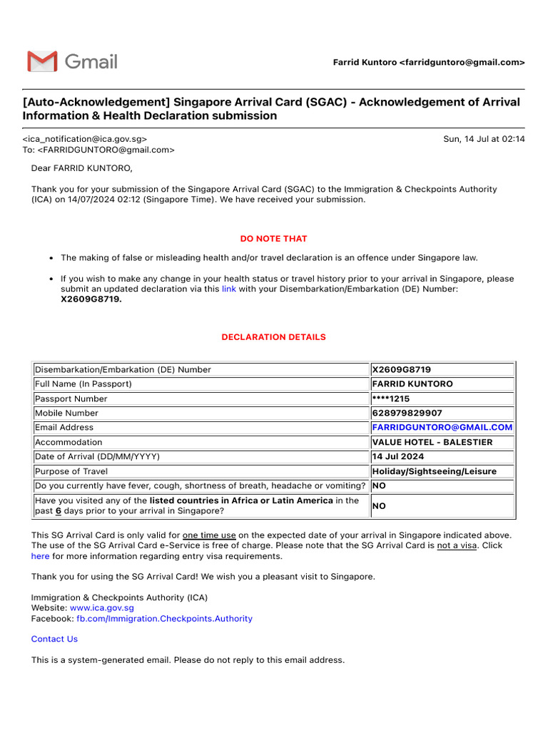 (Auto-Acknowledgement) Singapore Arrival Card (SGAC) - Acknowledgement ...