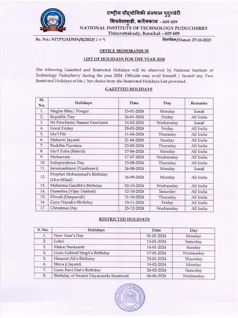 List of Holidays NIT Puducherry 2023 & 2024 PDF