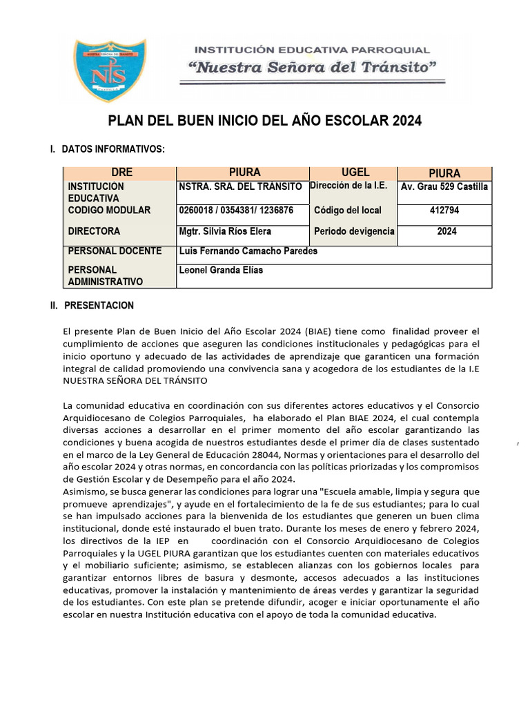 Plan Buen Inicio Del Ano Escolar | PDF | Enseñando | Educación primaria