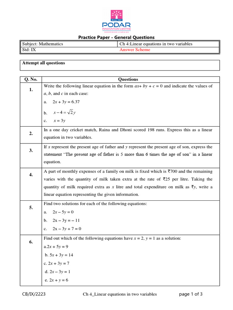 QP - CB - IX - Math - CH 4 - Linear Equations in Two Variables ...