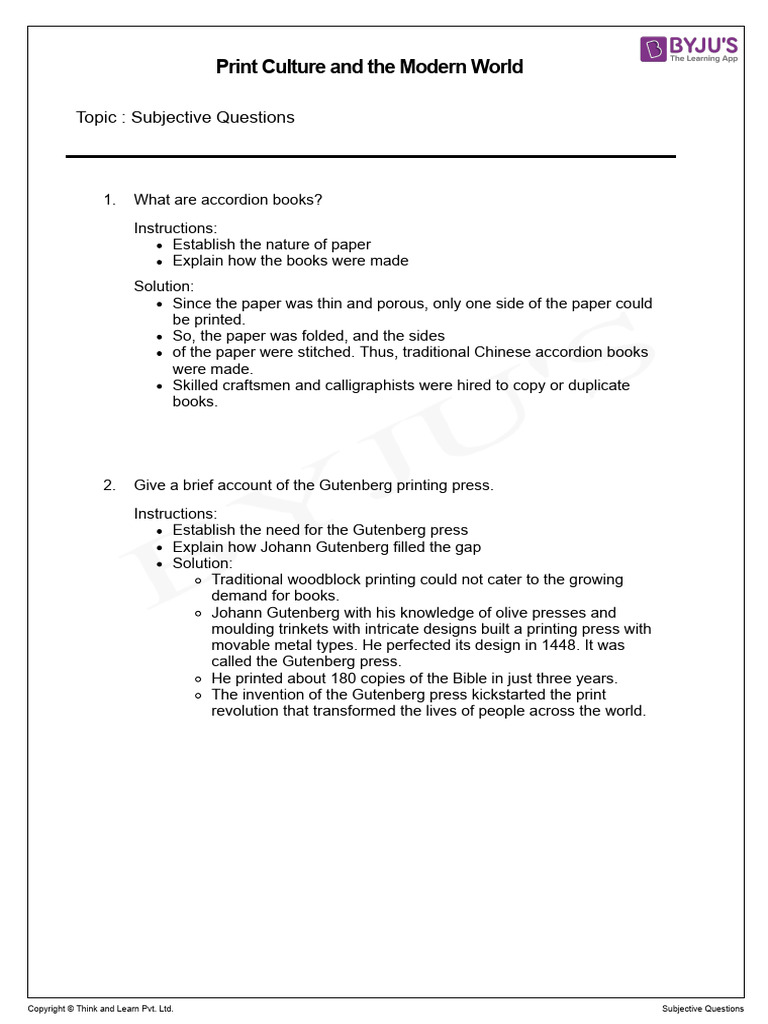 Print Culture and The Modern World IMP Questions (Byj-1) | PDF ...