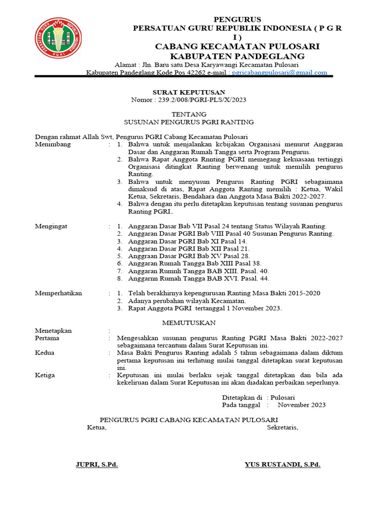 Susunan Pengurus PGRI Ranting 2022-2027 | PDF