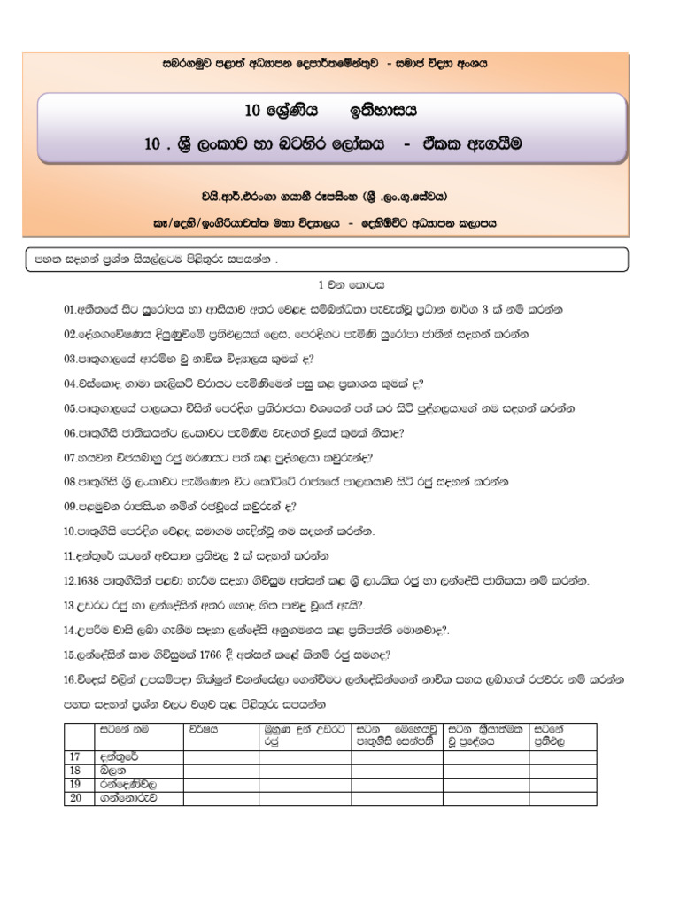 Sri lankawa ha batahira lokaya worksheet grade 10 history lesson 10 pdf