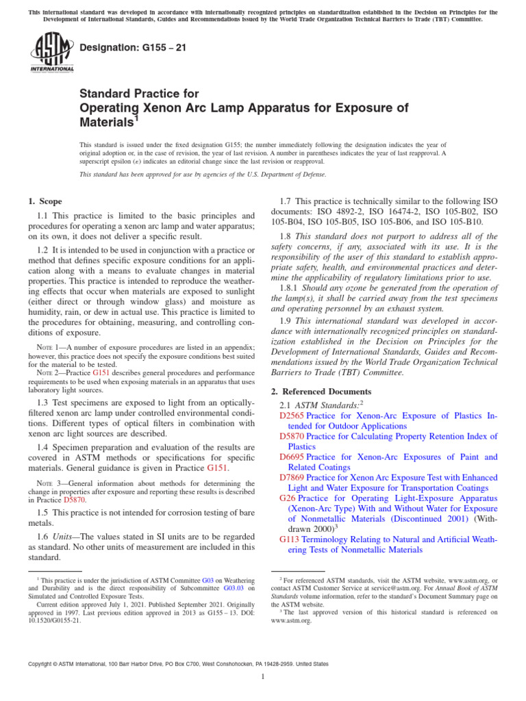 Standard Practice For Operating Xenon Arc Lamp Apparatus For Exposure ...