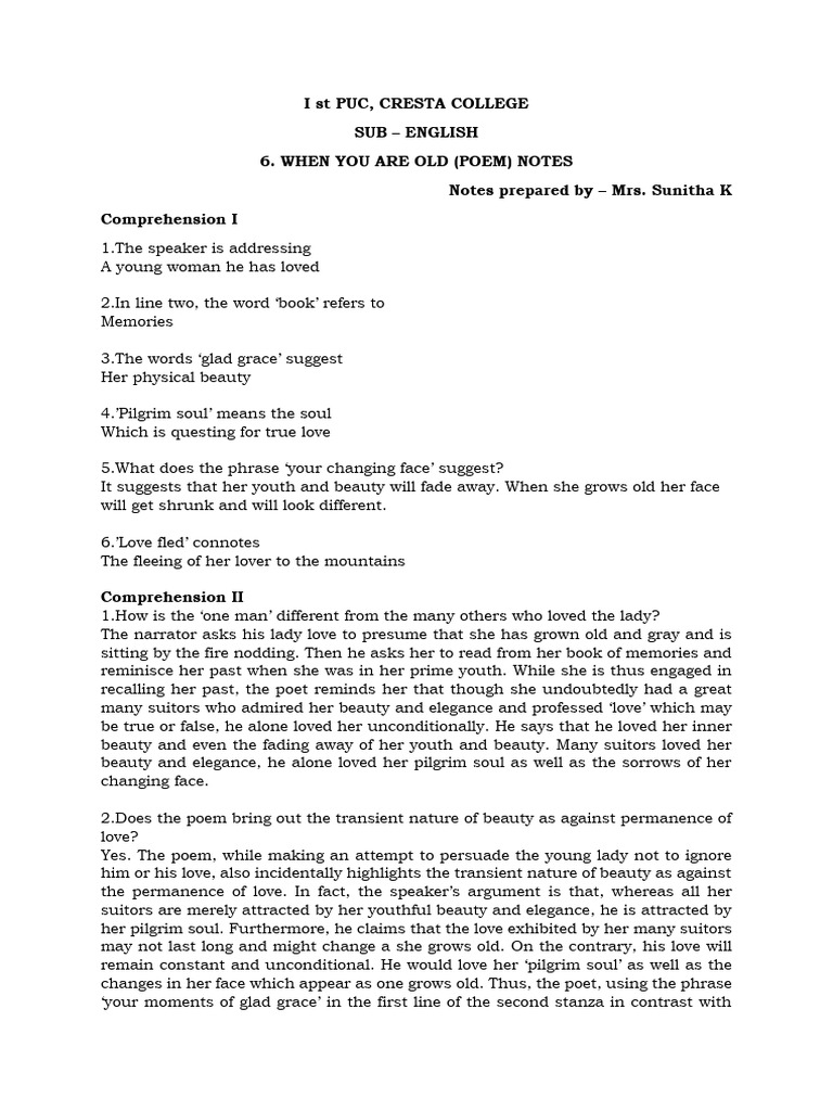 When You Are Old: Poem Analysis Notes | PDF | Love | Beauty