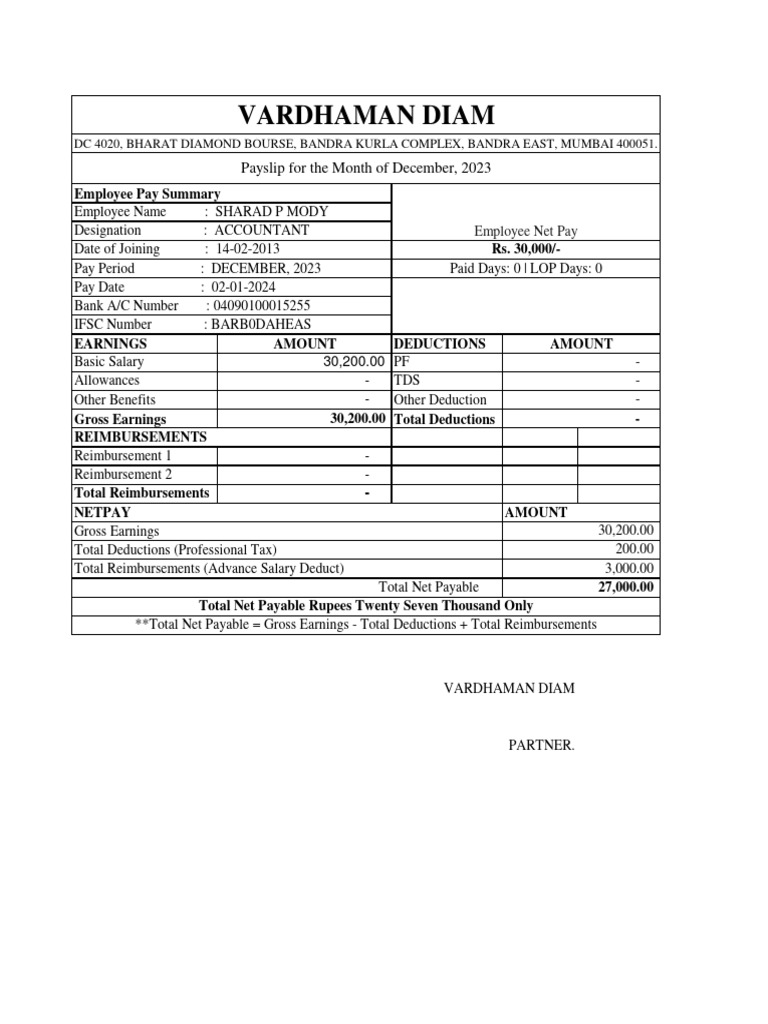 Salary Slip For Dec 2023 Pdf