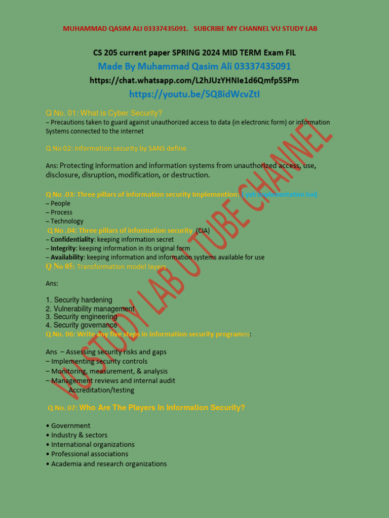 CS205 Midterm Exam Study Guide 2024 | PDF | Security | Computer Security