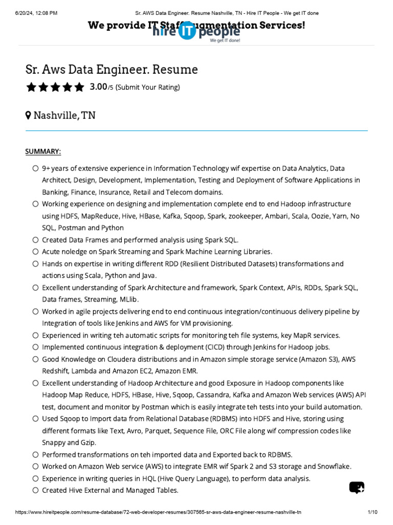 Senior AWS Data Engineer Resume | PDF | Apache Spark | Apache Hadoop