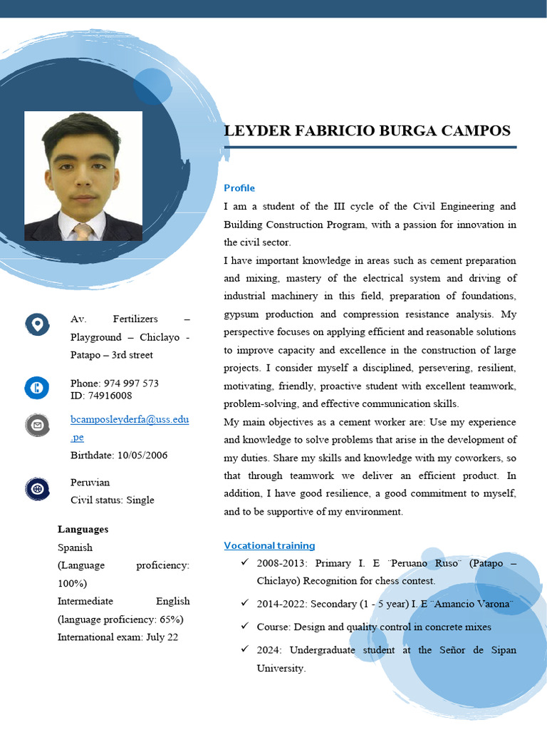 Civil Engineering Student Profile | PDF | Concrete | Cement