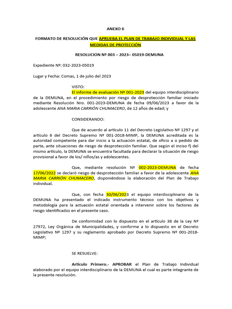 Formato de Resolucion Que Aprueba El PTI y Las MP - Caso Ana María ...