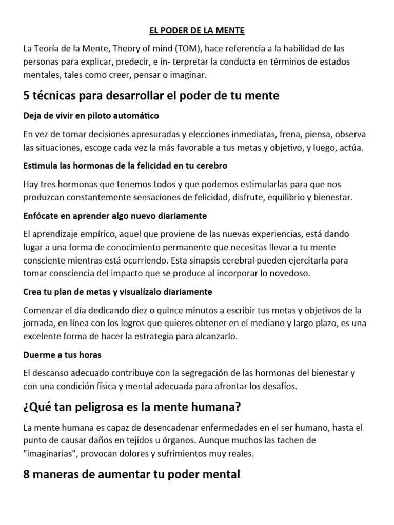 EL PODER DE LA MENTE Investigacion | PDF | Mente | Cerebro