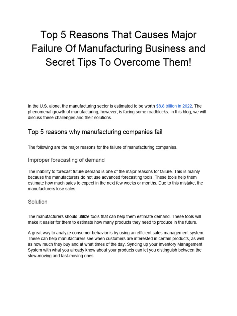 Top 5 Reasons That Causes Major Failure of Manufacturing Business and ...