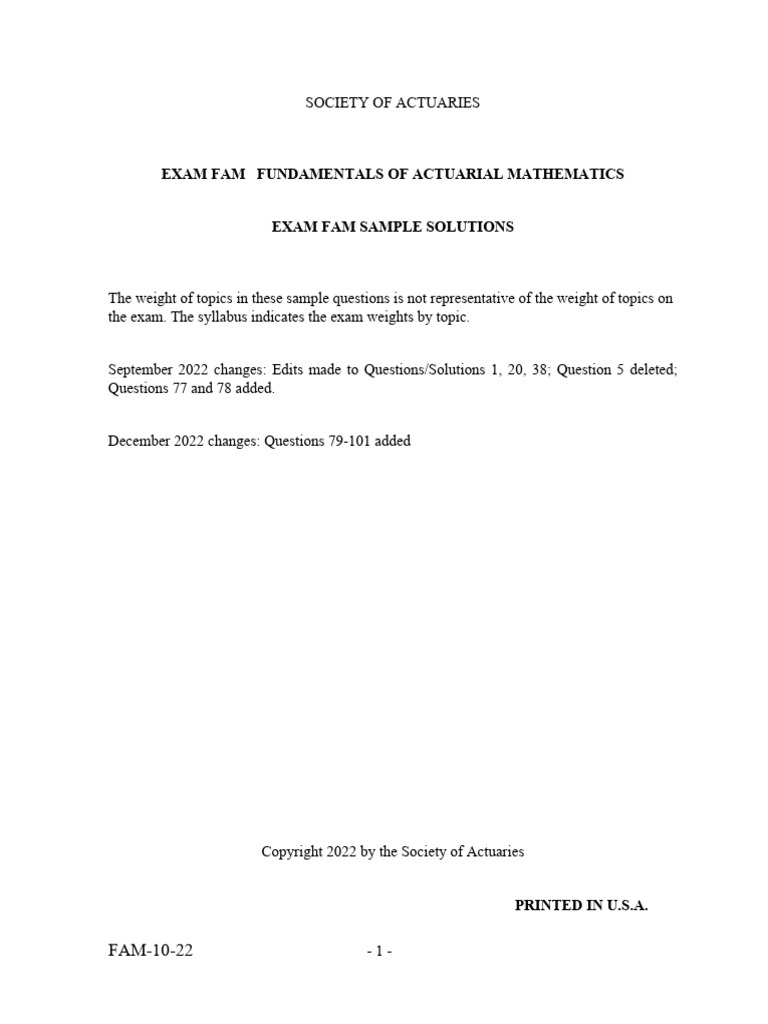 FAM Exam Sample Solutions 2022 | PDF | Statistical Models | Probability